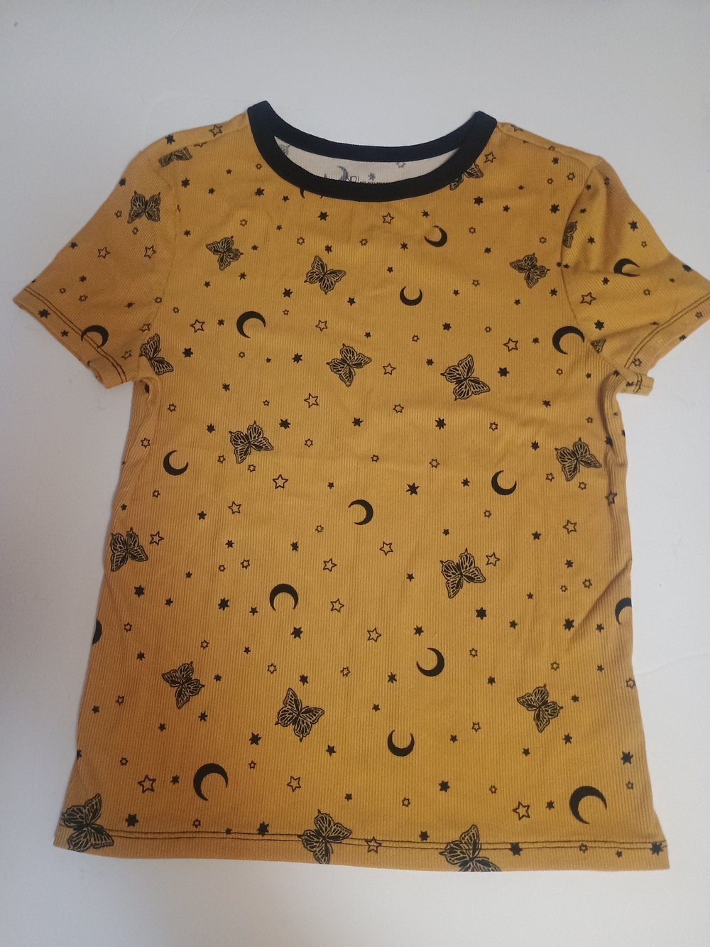 No Boundaries Mustard Short Sleeve Ribbed Tee with Moon & Butterfly Pattern